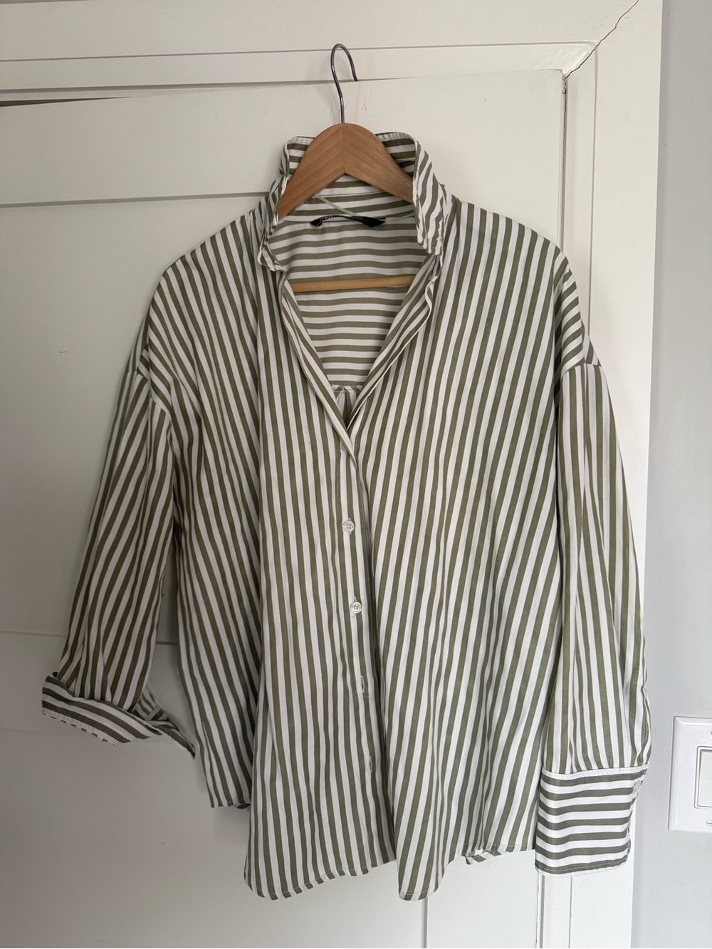 Zara Olive and White Striped button-up Shirt - size M